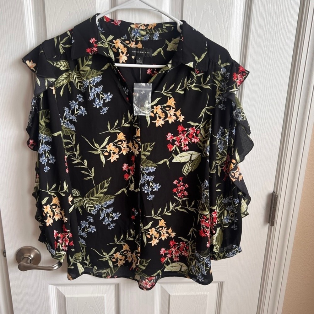 NEW Investments Floral Ruffle Sleeve Blouse‎ Top Black Multicolor Womens Size S